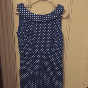 Blue polka dot, fitted, knit dress